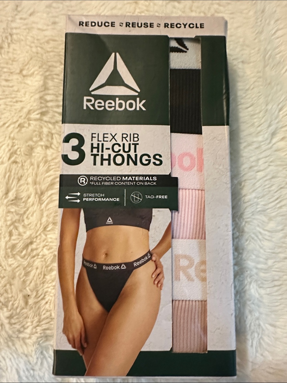 Reebok’s Women Flex Rib Hi-Cut Thongs . Black , Pink, Tan . 3 pk